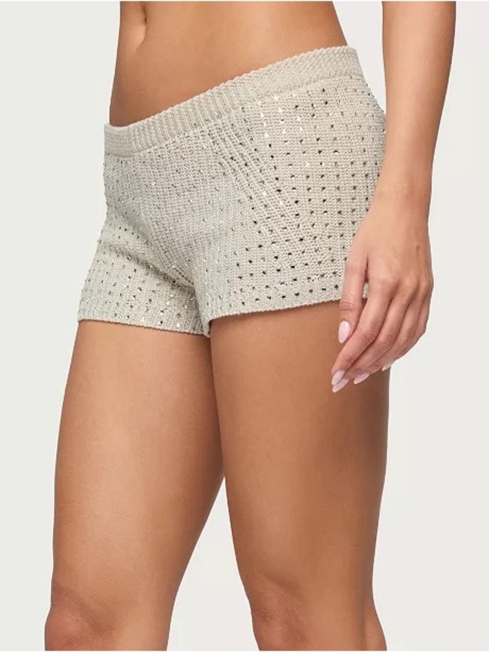 Edikted Women's Mackenzie beige tan Rhinestone Knit Shorts S sweater hot khaki